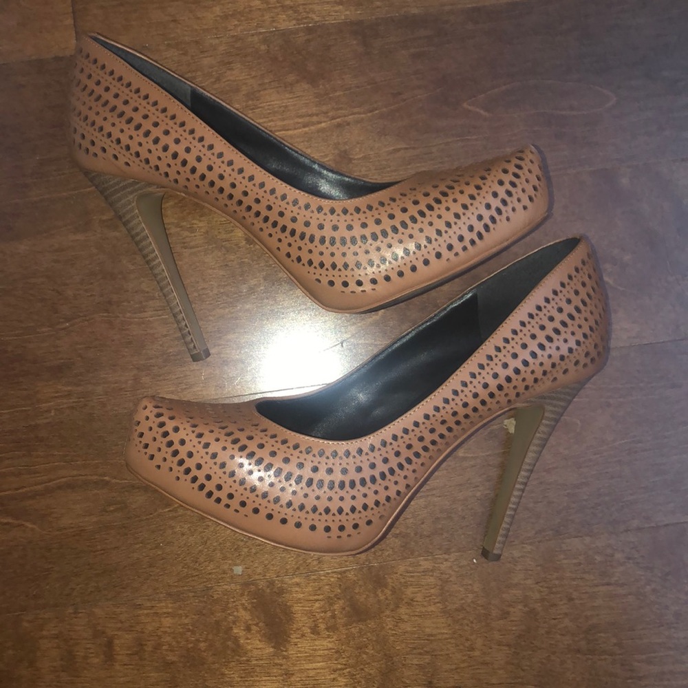 BCBG Paris Perdra Tan Laser Cut Heels